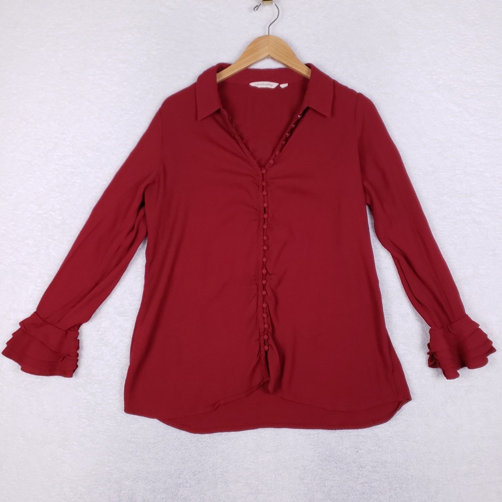 Soft Surroundings Ruffle Cuff Button Front Blouse Size L Red Rayon‎